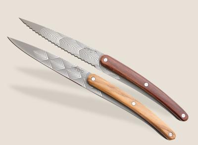 Brotzeitmesser Oliven- und Korallenholz / Art Déco